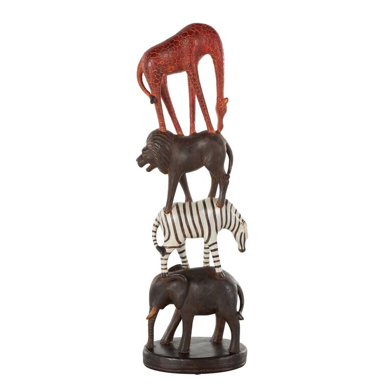 Black Polystone Stacked Safari Animals Decorative Sculpture with Round Base