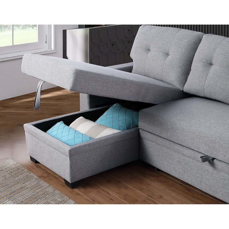 Pull-out Upholstered Sectional Sofa with Storage Chaise & Removable Cushions