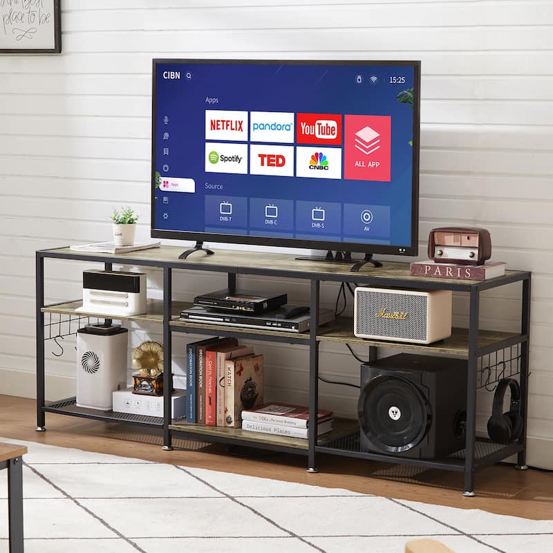 VECELO Wood TV Stand with Charging Station with Metal Frame, Storage Shelves Entertainment Center TV Cabinet