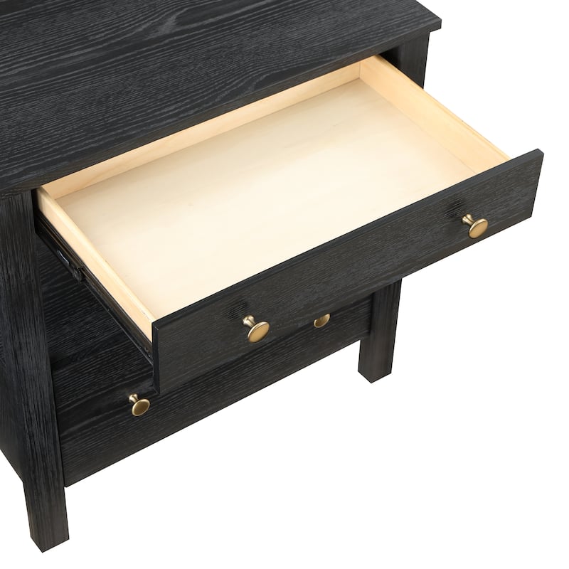 2- Drawer Nightstand with Gold Knobs and Open Shelf Modern Design