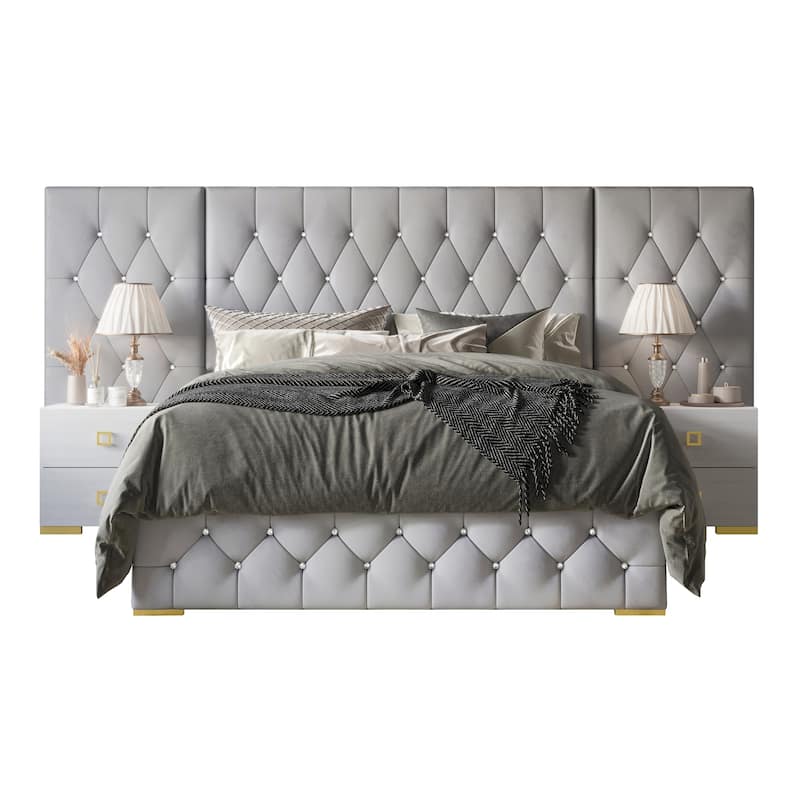 CraftPorch 3 Piece Bedroom Nightstands Set Luxurious Velvet Tufted Platform Bed - Silver Grey - Queen