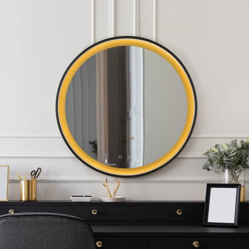 Large LED Bathroom Vanity Wall Mirror Dimmable Touch Sensor Anti-fog - Black/Gold - 36'' H x 36'' W x 1.65" D