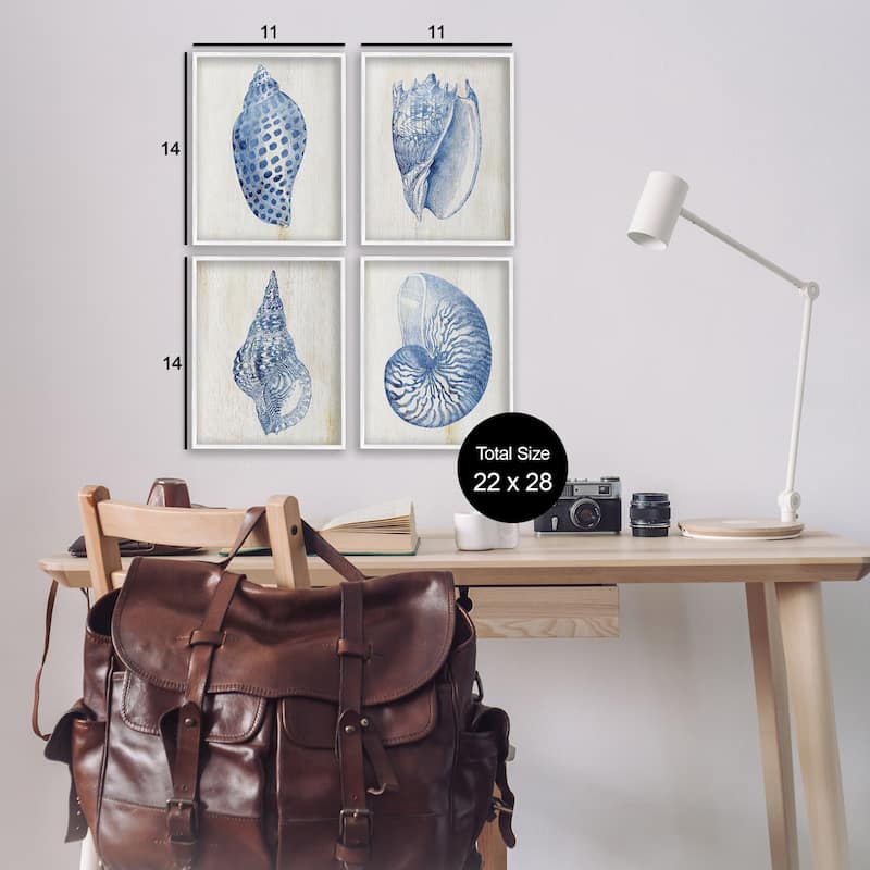 Stupell Blue Seashells on Beige Framed Giclee Art Design By Susan Arnot (Set of 4)
