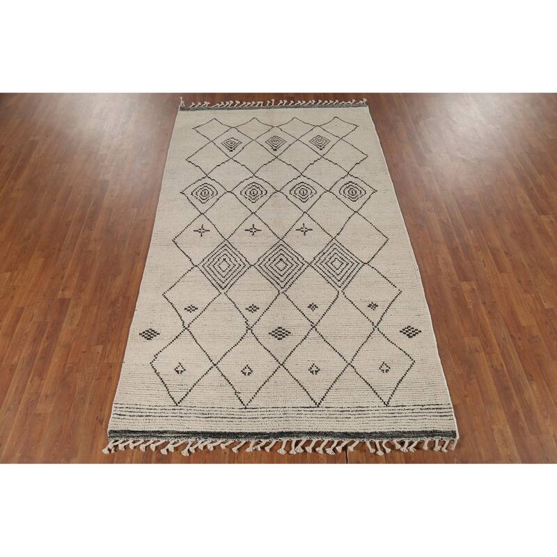Trellis Moroccan Area Rug Hand-Knotted Geometric Beige Wool Carpet - 5'1"x 8'8"