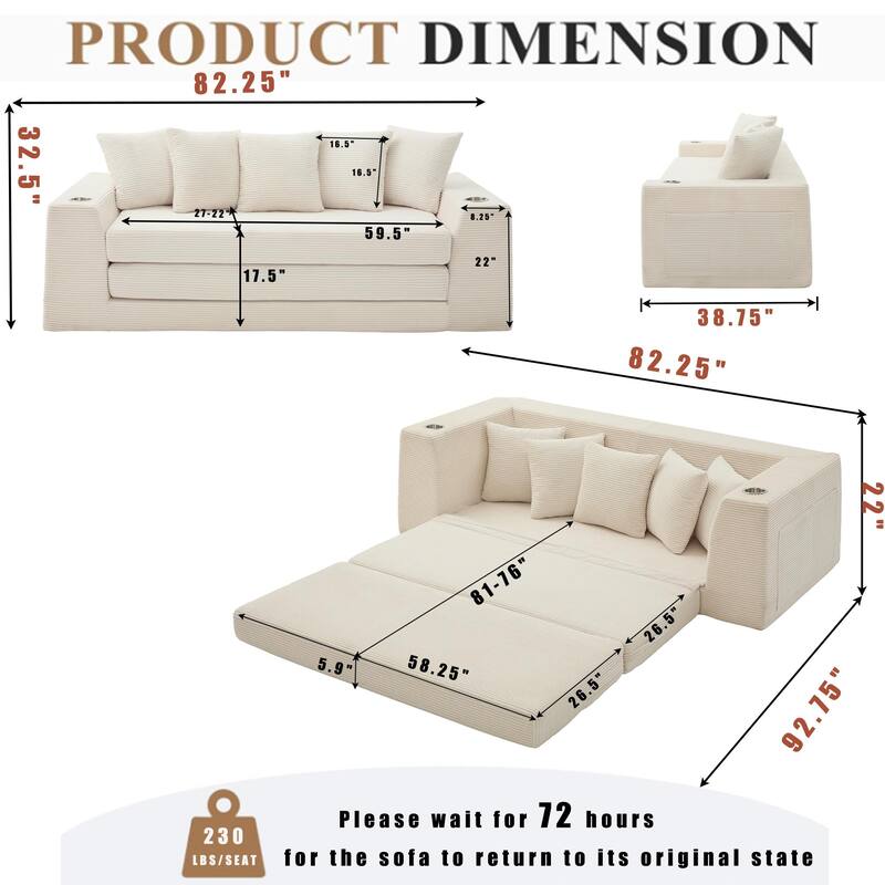 2 in 1 Convertible Sofa Bed, Sleeper Sofa with Storage Pockets, Pull Out Loveseat Couch with Two Cup Holders