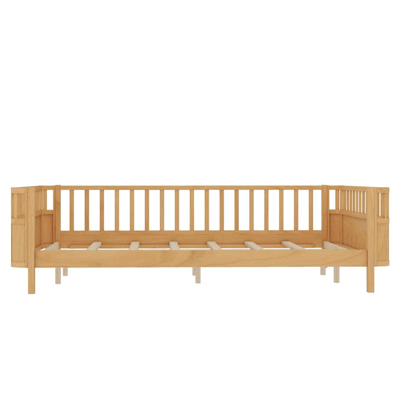Multi Size Low Platform Bed for Kids with Rounded Corners Guardrails, Detachable Right-side Fence and Open Left-side Design