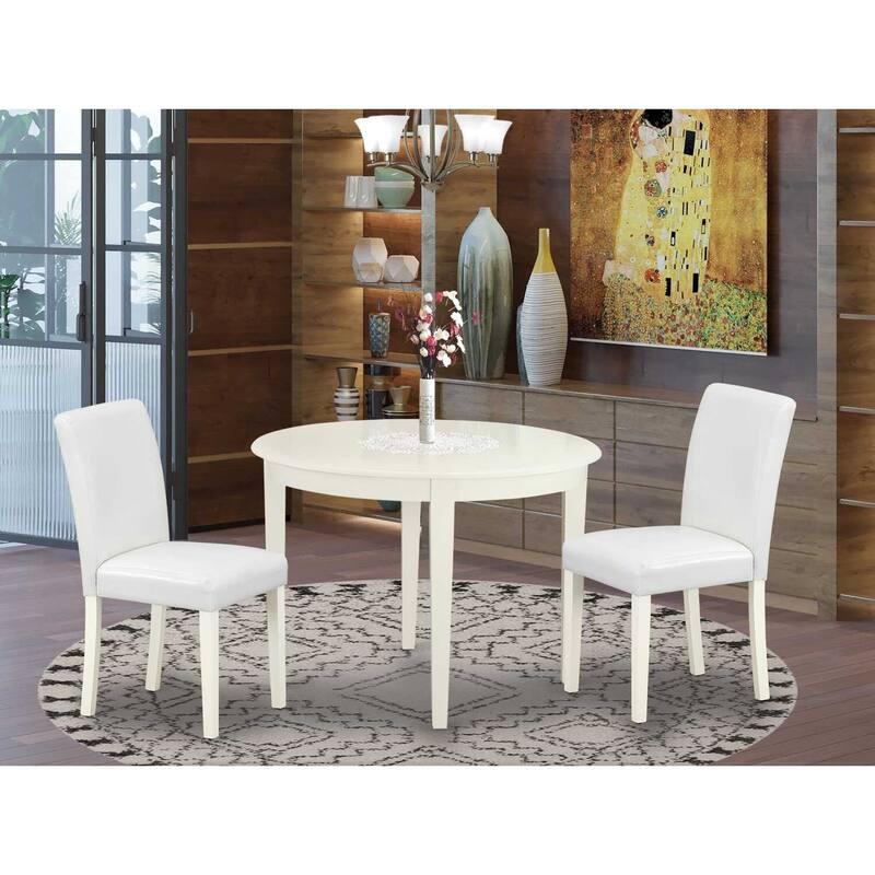 Round Dining Table Set 3pc - 42" Table & 2 Parsons Chairs - White PU Leather - Modern Elegance