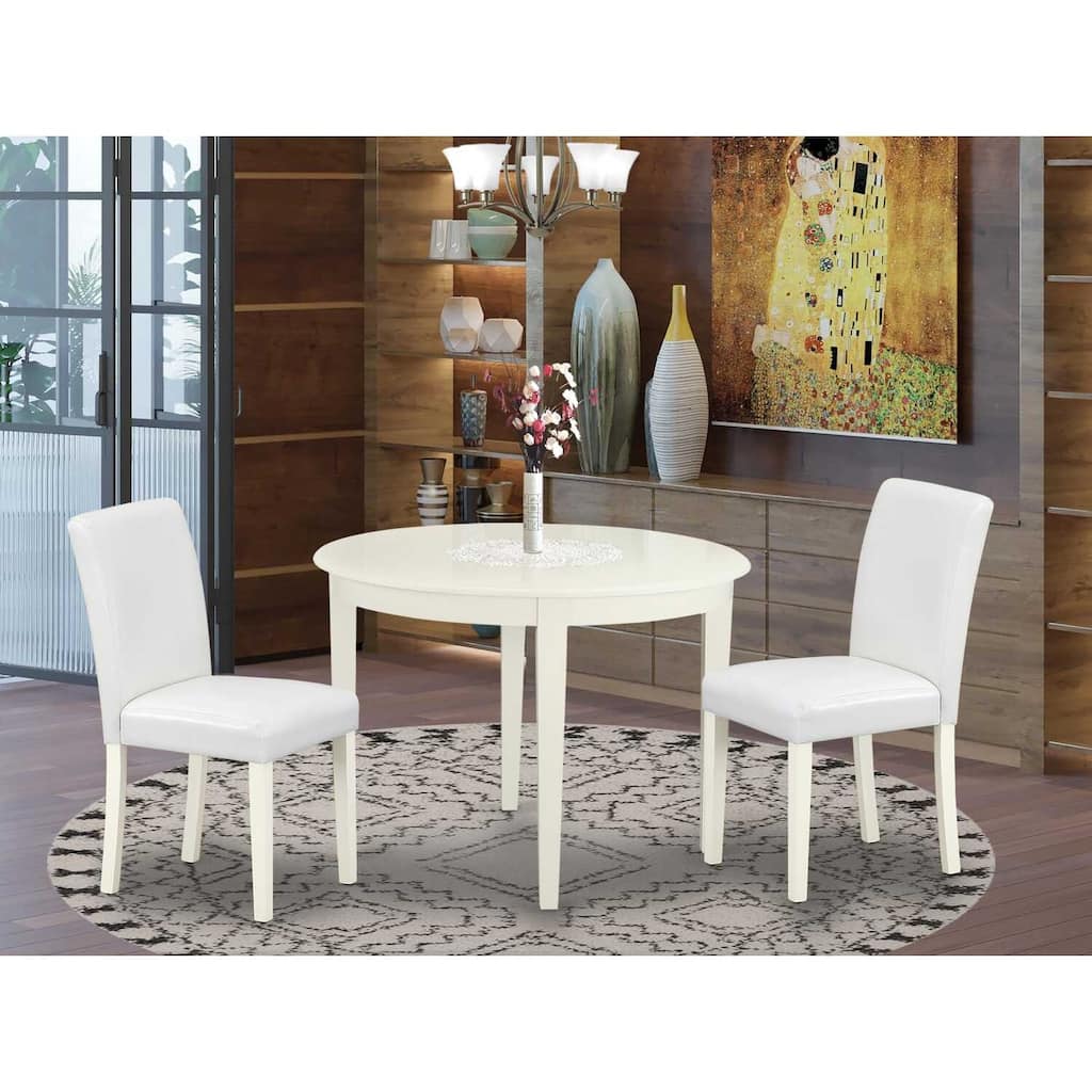 Round Dining Table Set 3pc - 42" Table & 2 Parsons Chairs - White PU Leather - Modern Elegance