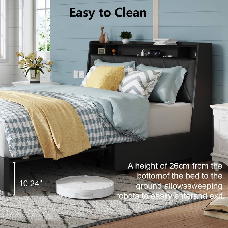 Wooden Platform Bed Frame with 4 Drawers/Ergonomic Upholstered Headboard with Charging Ports & Storage Shelf/Metal Frame Support