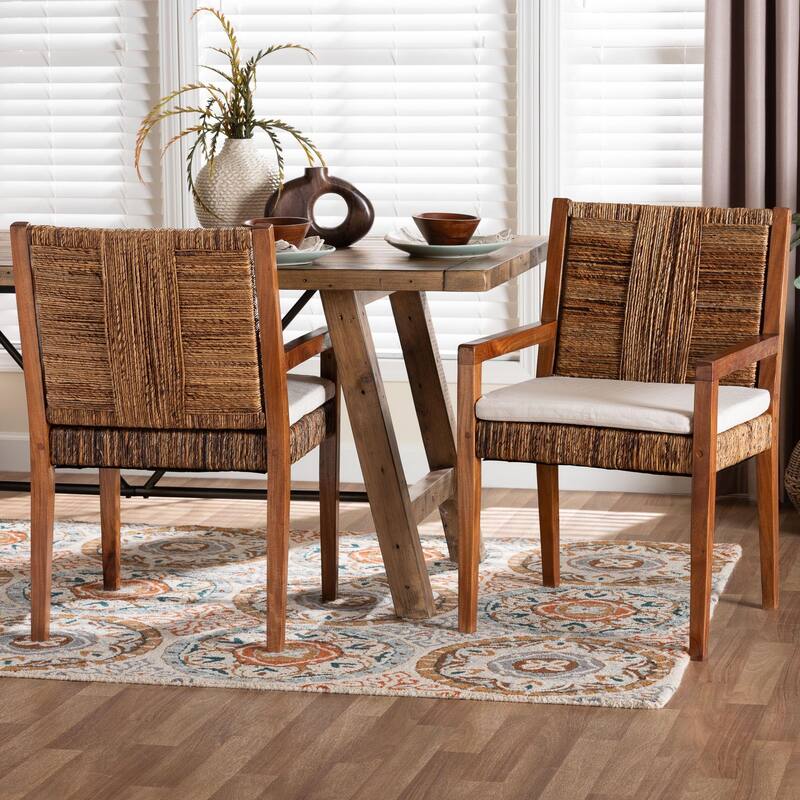 Chabela Handwoven Seagrass Dining Chair Set of 2- Solid Mango Wood Frame with Woven Seat and Backrest, Brown