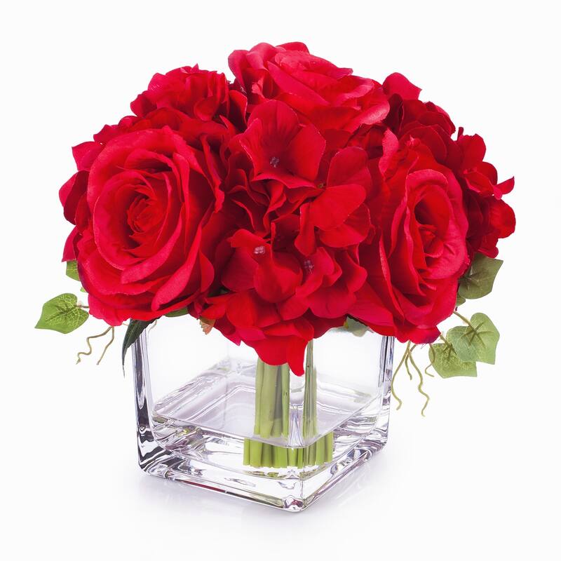 Enova Home Artificial Silk Hydrangea and Fake Roses Flowers Arrangement in Cube Glass Vase with Faux Water for Home Decoration - Red