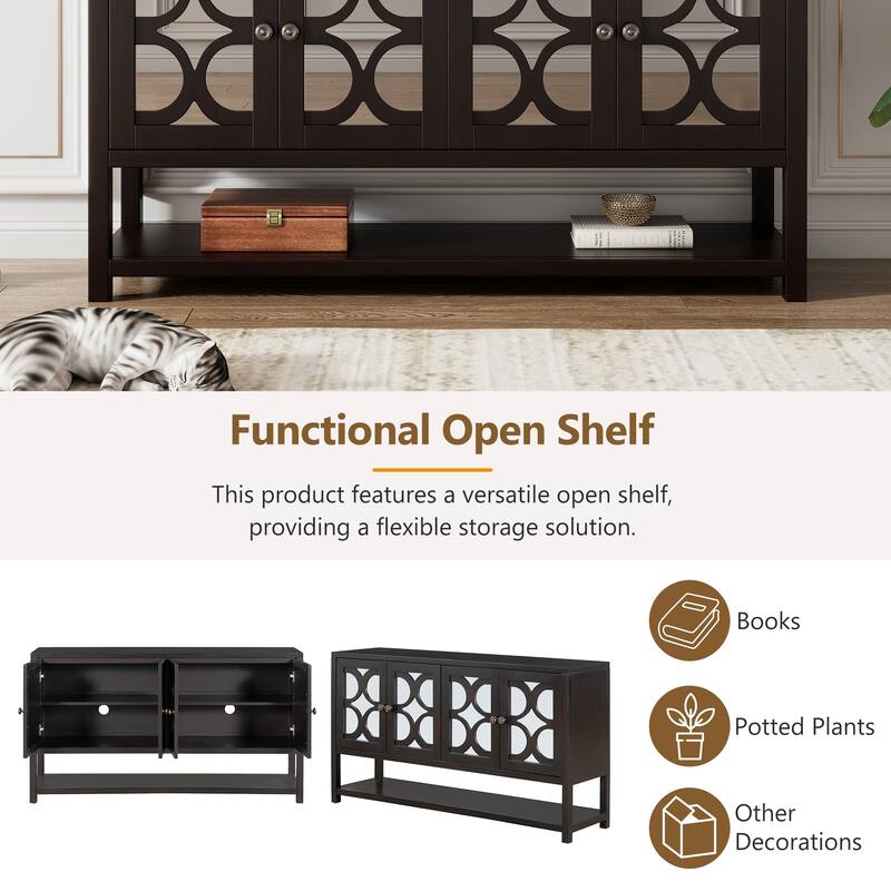 Console Table Storage Cabinet with Mirrored Doors, Spacious Open Shelves, Wooden Buffet Accent Sideboard with Acacia Wood Legs