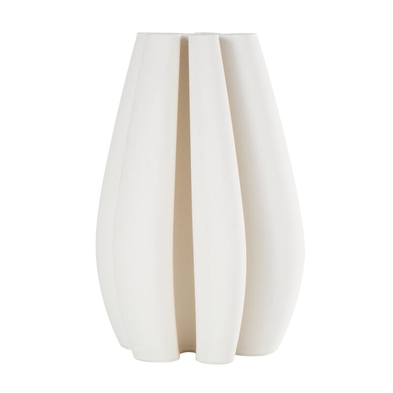White Ceramic Ribbed Dimensional Concaved Abstract Vase with Floral Shaped Rim