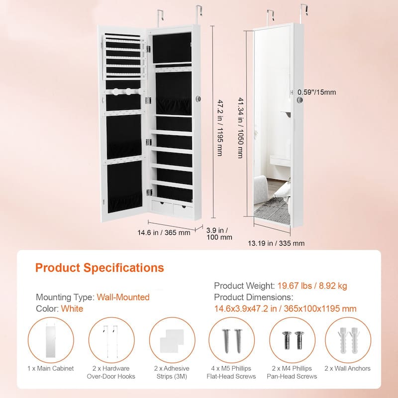 2-in-1 Full Length Mirror Jewelry Cabinet Armoire Wall Door Mounted Organizer with Lock - 14.6 x 3.9 x 47.5in