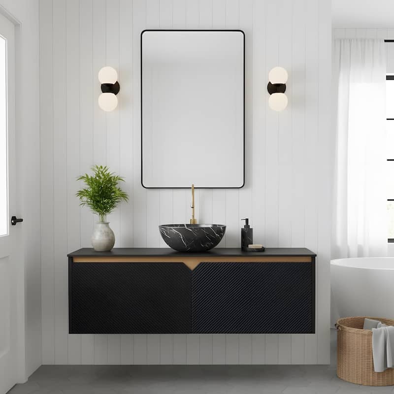 Wall-mounted Bathroom Vanity with Bowl Vessel Basin - 48 - Black+Stone Black