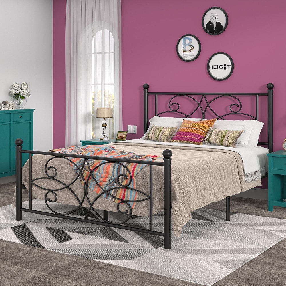 VECELO Metal Bed Frame with High Headboard and Footboard, Platform Beds with Heavy Duty Mattress Foundation