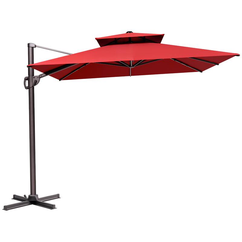 9 x 12 ft Double Top Patio Cantilever Umbrella with No Base, 360-degree Rotation - Red