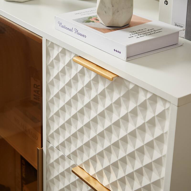 Storage Cabinet with Geometric Carvings, Accent Cabinet with Tempered Glass Doors, Buffet with Sturdy Metal Legs