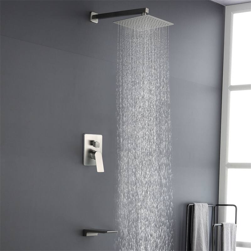 10 Inch Wall Mount Shower System with Waterfall Tub Spout Modern Rainfall Tub Shower Faucet With Rough-in Valve - Brushed Nickel