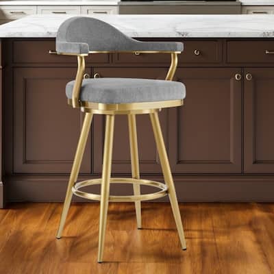 HomeRoots 26" Gray and Gold Fabric and Stainless Steel Counter Height Swivel Bar Chair