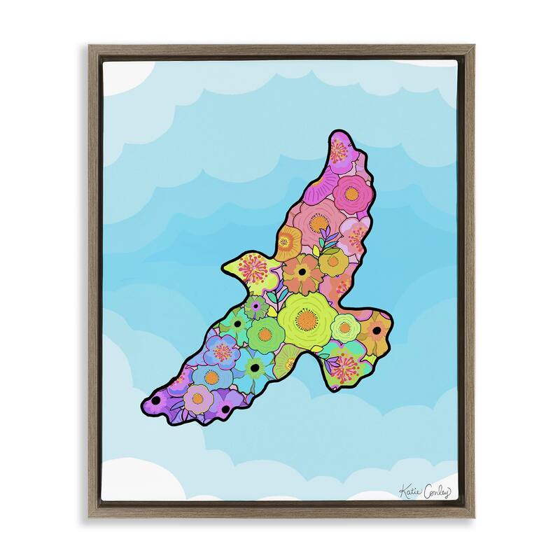 Stupell Bright Floral Bird Outline Framed Floater Canvas Wall Art Design By Katie Conley - 17 x 21 - Brown