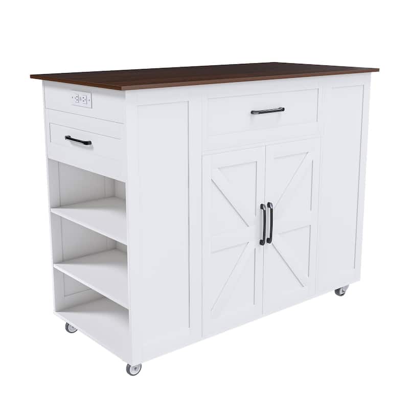 White MDF Kitchen Island Cart with Drawers, Cabinet and AC Outlets - 46.06" W x 22.05" D x 32.4" H - White