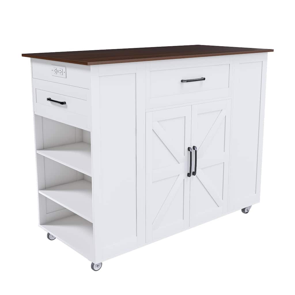 White MDF Kitchen Island Cart with Drawers, Cabinet and AC Outlets - 46.06" W x 22.05" D x 32.4" H