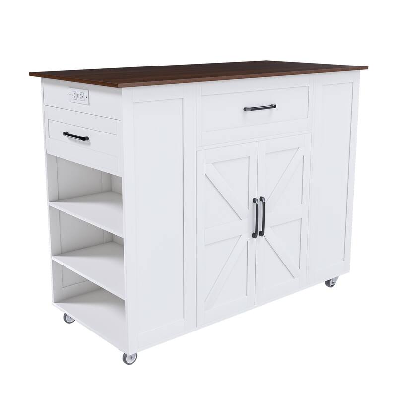 Anmytek White Farmhouse Kitchen Island Cart with Charging Station and Hidden Trash Compartment Rolling Cart for Kitchen Storage