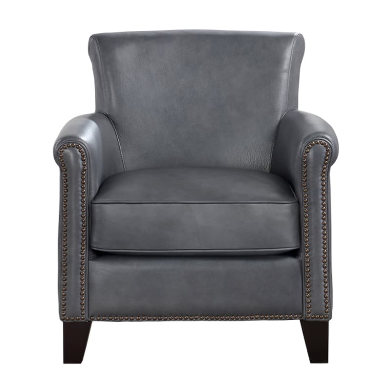 Tria 35 Inch Accent Chair, Gray Top Grain and Split Leather, Solid Wood