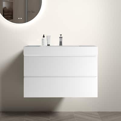 36" Large Storage Wall Mounted Floating Bathroom Vanity for Modern Bathroom, White Sink Basin without Drain and Faucet, White