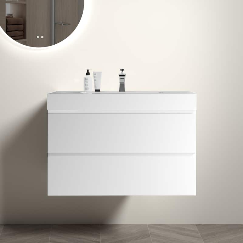 GDFStudio - Naomi Modern Floating Bathroom Vanity with Silent Drawers and Pre-Assembled One-Piece Sink - White - 36"