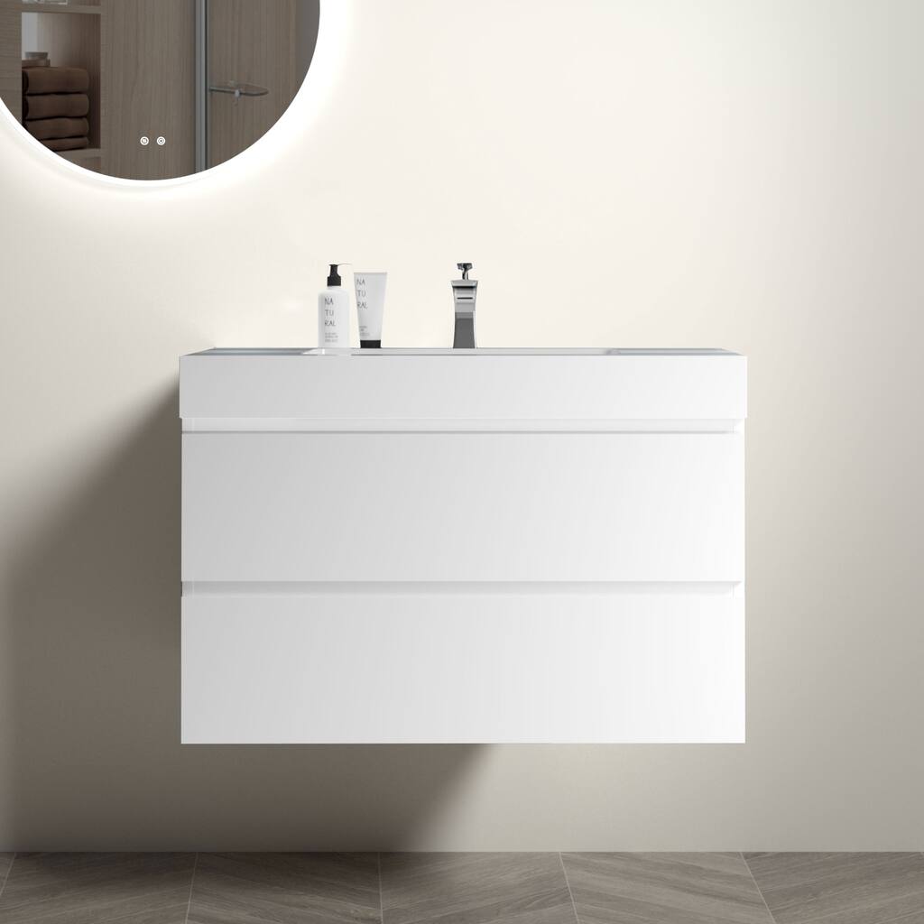 White Modern Bathroom Vanity with 20% More Storage, Silent DTC Soft-Closing Drawers, Handle-Free Design - 35.8in L MDF