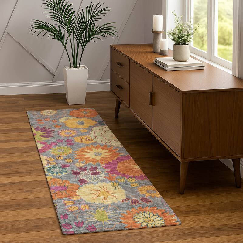 Machine Washable Indoor/ Outdoor Modern Floral Chantille Rug