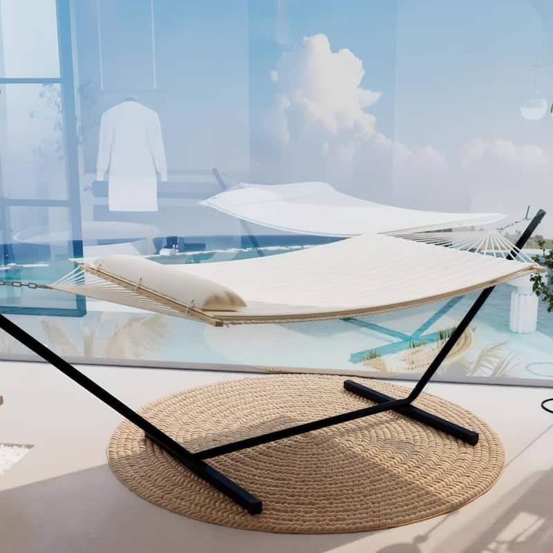 Outdoor 2-Person Hammock with Foldable Steel Stand for Garden - N/A - Beige