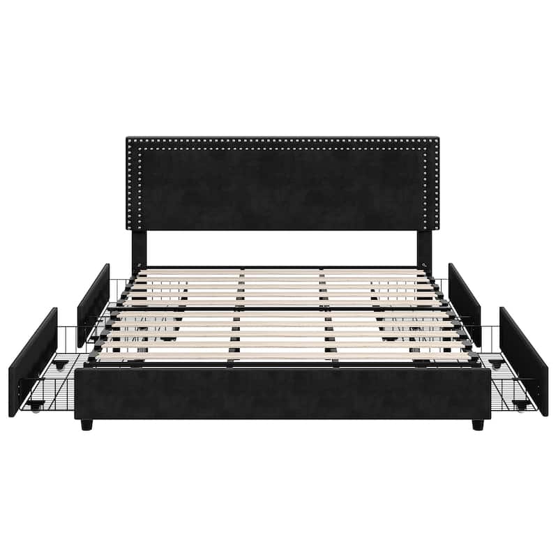 VECELO Upholstered Storage Bed Frames with 4 Storage Drawers, Platform Bed Frame with Adjustable Velvet Rivets Headboard