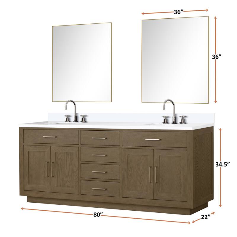 Abbey 60 in W x 22 in D Black Oak Double Bath Vanity, Cultured Marble Top, Faucet Set, and 28 in Mirrors