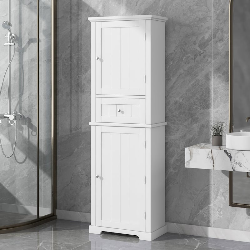 67" Tall Wood 2-door Bathroom Cabinet with Drawer and Adjustable Shelf - Painted - White