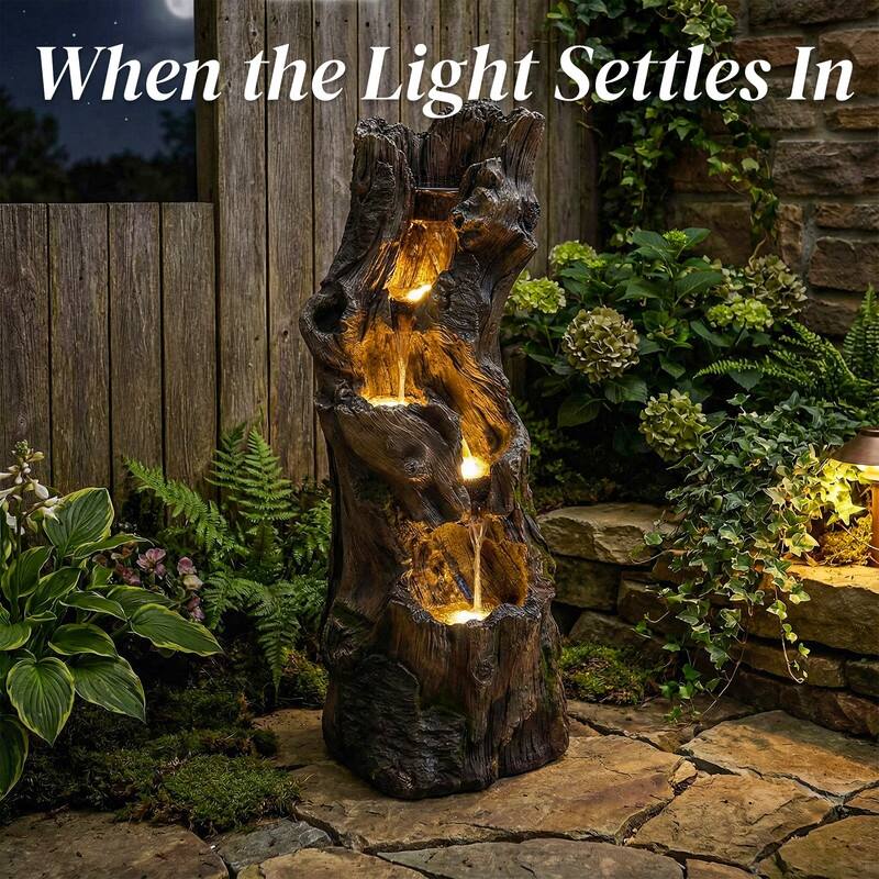 3 Tier Log Look Outdoor Water Fountain with Natural Stream Sound and Lights