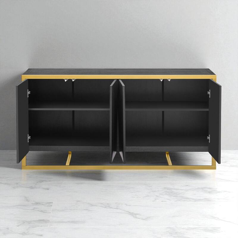Modern Mahogany Veneer Sideboard Cabinet with Metal Legs and Irregular Doors for Entryway or Foyer