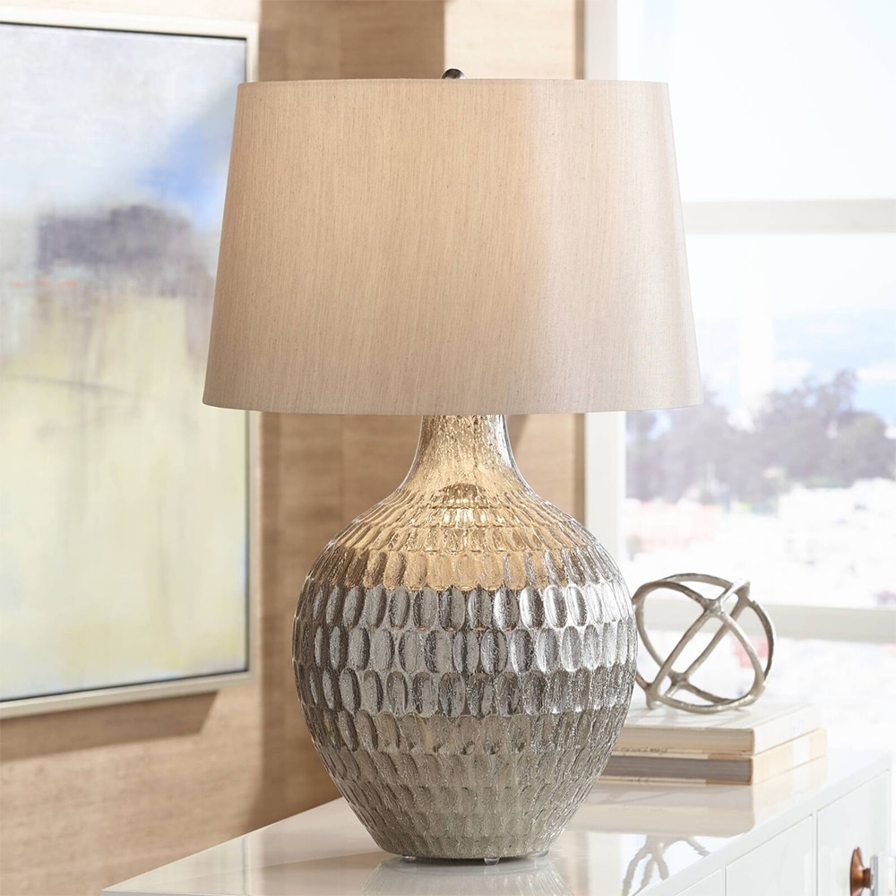 Modern Table Lamp Silver Textured Glass Gray 19