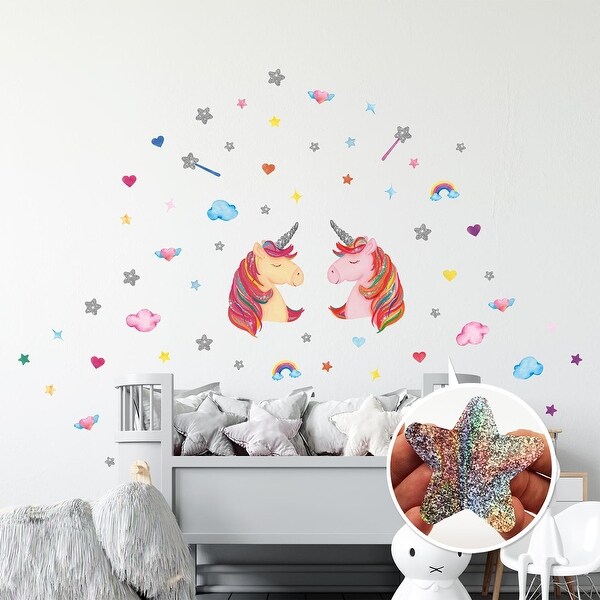 Unicorns With Glitter Stars Kids Wall Stickers Nursery Decals DIY