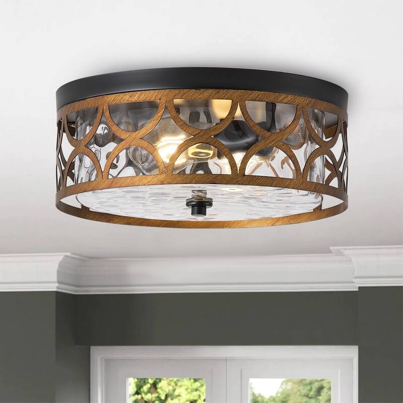 Matte Black 2-Light Rippled Glass Flush Mount Ceiling Light with Antique Brass Metal Shade