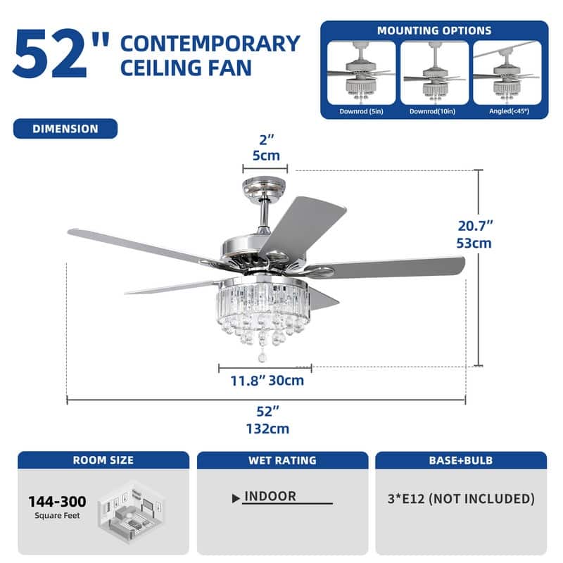 52-inch Wooden 5-Blade Crystal Ceiling Fan Chandelier with Remote