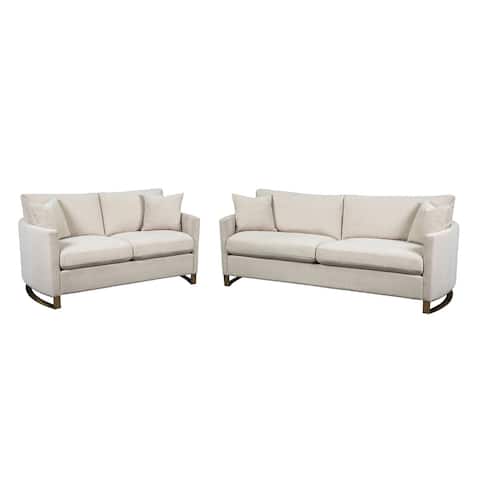 Chenille Sofa Set with Metal Base in Beige and Rose Brass