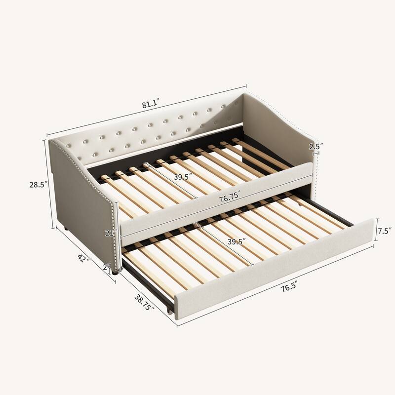 Linen Tufted Daybed with Trundle, Upholstered Platform Sofa Bed Frame, Wooden Slat Support