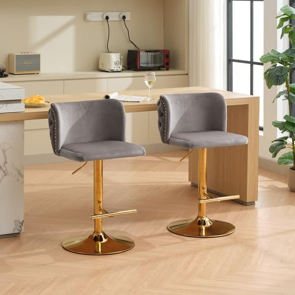 slide 2 of 23, Swivel Barstools Adjusatble Seat Height With Gold-plating Base,Classic Velvet Upholstered Bar Stools,Set of 2 Gray