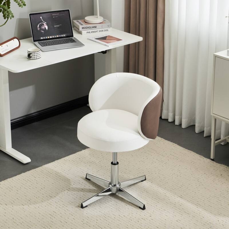 Modern PU Swivel Chair Armless No Wheel Adjustable Height Office Desk Chair With Baskest Support - N/A - White