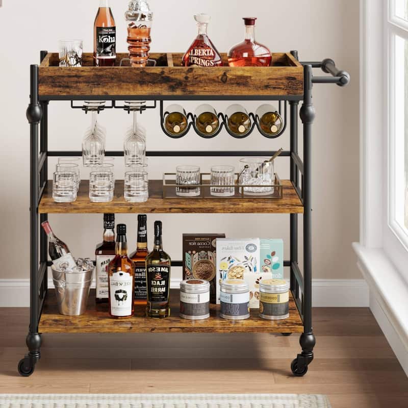 3 Tier Rolling Serving Bar Cart with Removable Tray