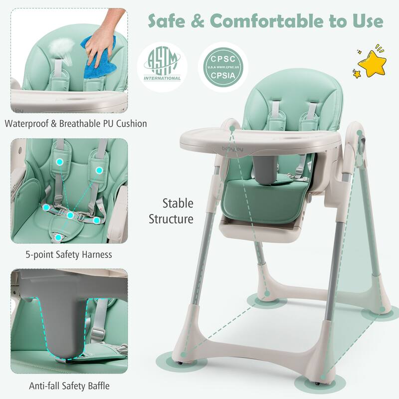 Gymax Baby High Chair Folding Baby Dining Chair w/ Adjustable Height &
