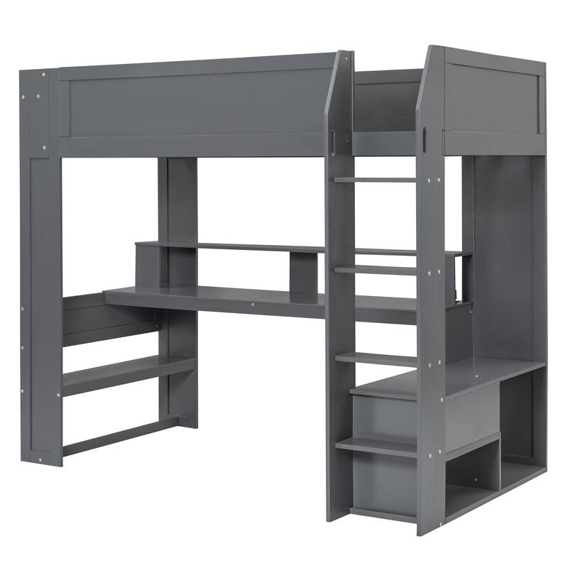 Twin Size Solid Wood MDF Gaming Loft Bed with Desk, Multi-storage Shelves, LED and Charging Station